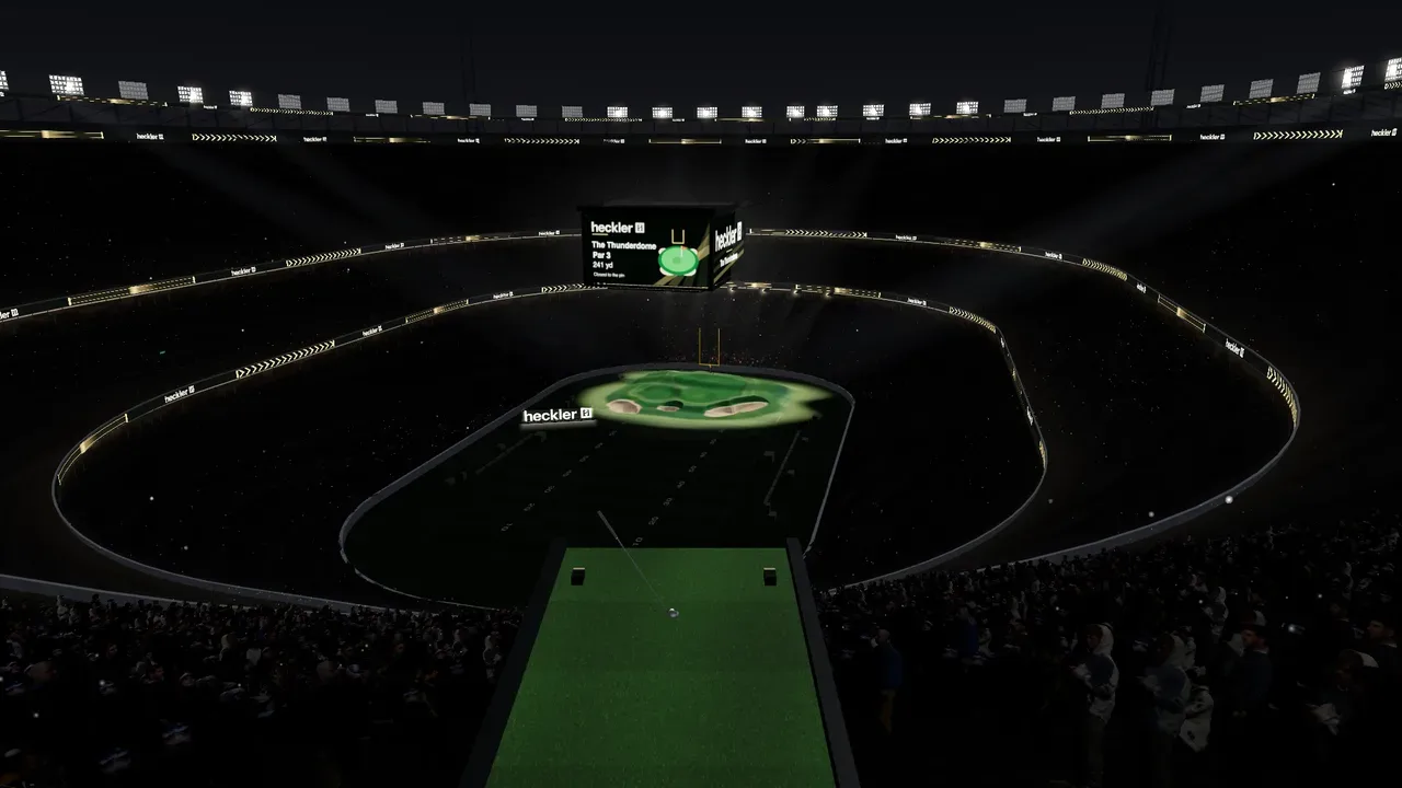 The Thunderdome from the tee, a floodlit green in a night stadium