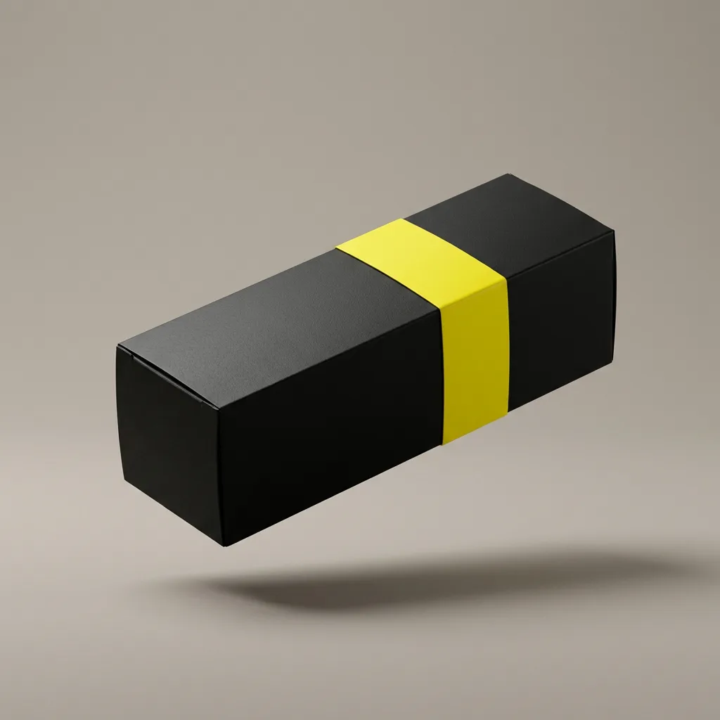 Lost Ball Box: a matte black dozen-ball box with a single hazard-yellow band, floating on a grey studio backdrop.