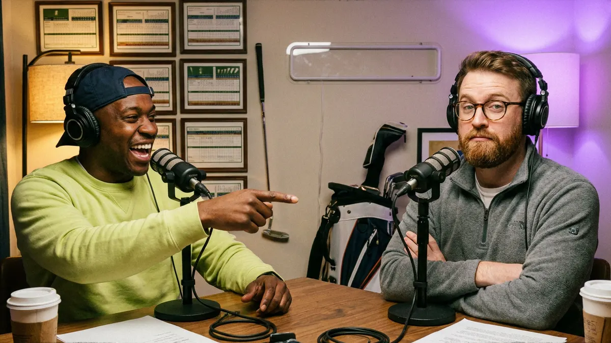 Dez, laughing and pointing across the desk, and Marty, arms crossed and unmoved, at the mics in the garage.