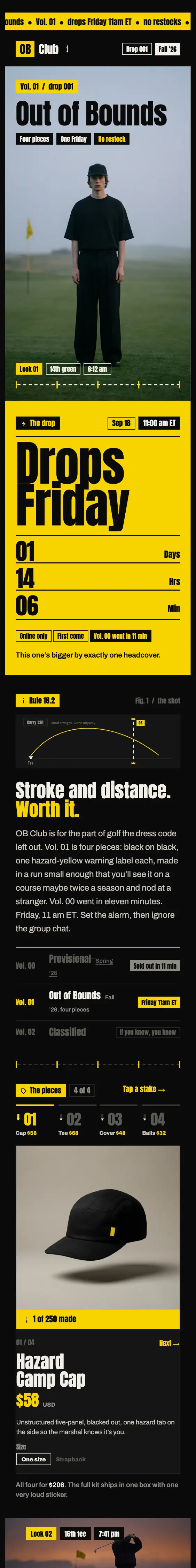Example merch drop email from an invented creator: OB Club, Drop 001