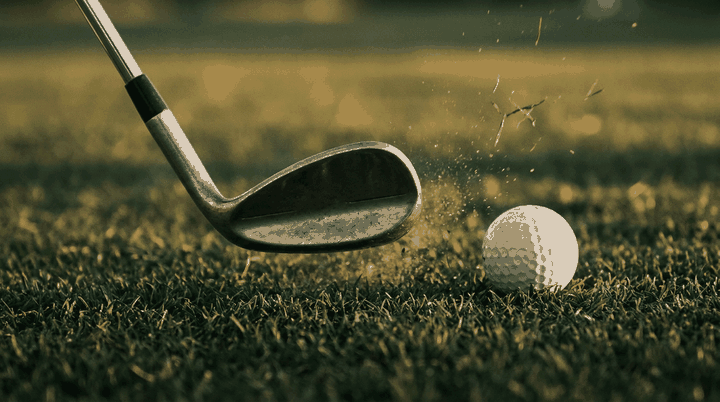 The sole of the wedge skidding through the turf under the ball